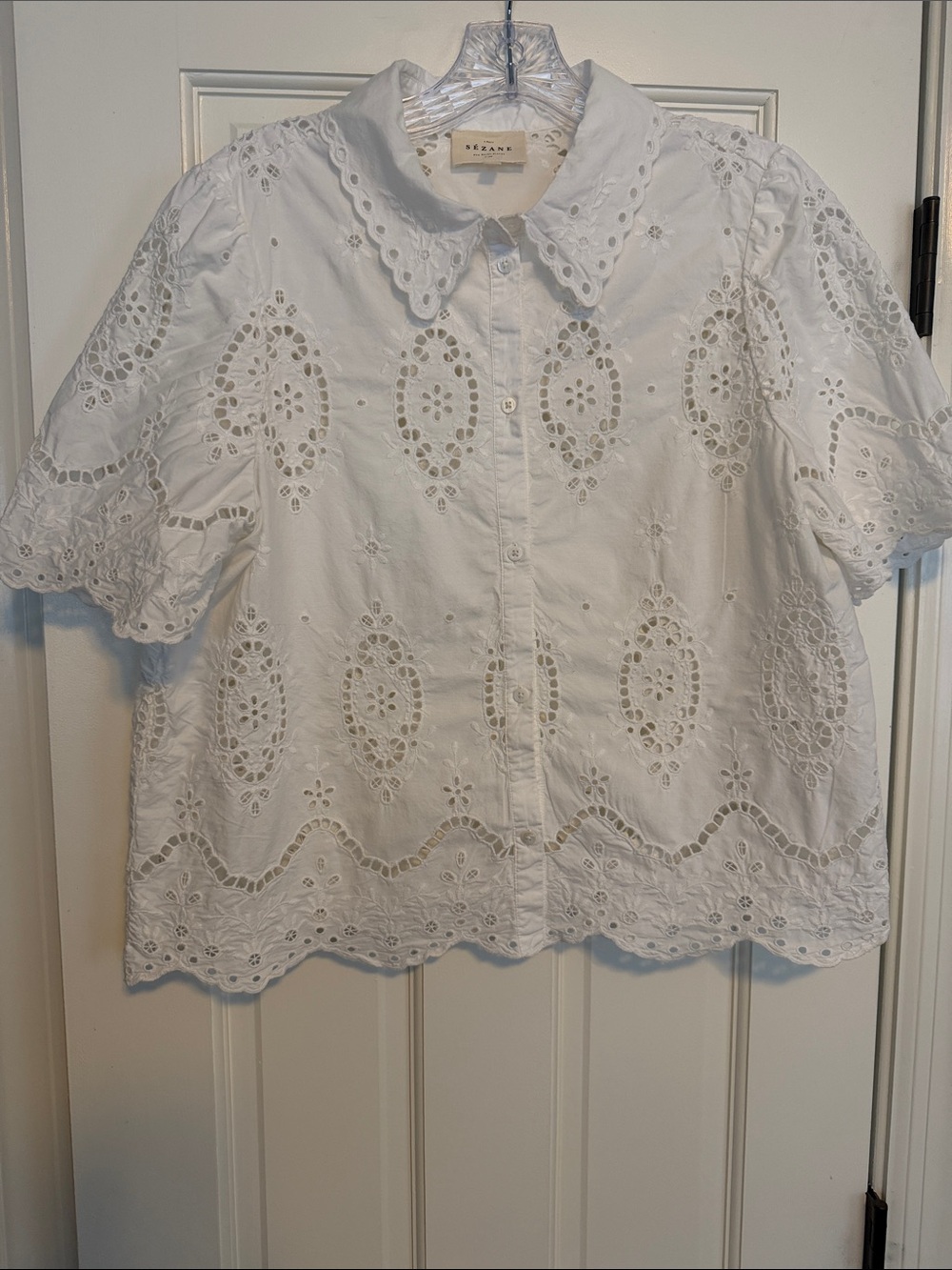 Sezane Elvira White Eyelet Scalloped Collar Blouse
